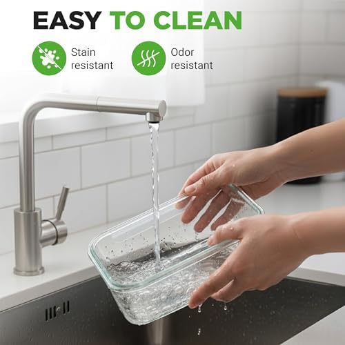 NutriChef 5-Piece 30 oz Reusable Glass Meal Prep Containers - Stackable Kitchen Storage Containers for Food, 4-Side Locking Plastic Lids w/Vent Hole - Easy to Clean, Dishwasher Safe (Flat)