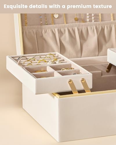Lolalet Jewelry Box for Women Girls, 2 Layer Jewelry Organizer -Cream