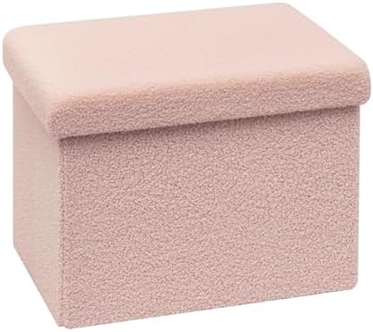 B FSOBEIIALEO Storage Ottoman Cube Small Sherpa Ottoman Foot Rest, Foldable Portable Boucle Ottomans, Faux Teddy Fur, Pink 16.5"x12.6"x12.6"