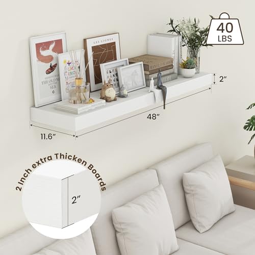 FLYJOE 48 Inch Floating Shelf, 12'' Deep White Shelves for Wall Set of 1