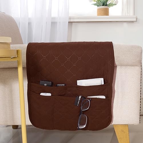 Armchair Caddy for Couch Remote Control Holder with 4 Pockets, Chocolate | Non- Slip, Waterproof, Durable Sofa Armset Organizer, Caddy Armrest Storage for Cell Phone Magazine 35"x13" 1 Piece