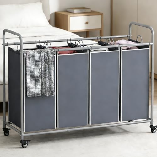 LINZINAR 4 Section Laundry Hamper, Grey Laundry Basket, 180L Laundry Sorter | Laundry Room Organization with Heavy Duty Rolling Lockable Wheels and Removable Bag, Bedroom Laundry Cart for Clothes Storage