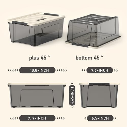 8 Pack Clear Black Plastic Storage Bins with Khaki Lids, Small Latching Storage Boxs with Handle, Stackable Containers for Organization (5 Quart)