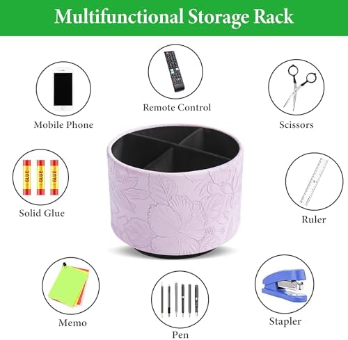 Round Leather Art Supply Organizer,Remote Control Holder,360 Degree Spinning,Multi-Functional Pencil Holder,4 Compartments Desktop Stationary Organizer(1-Carved Purple)