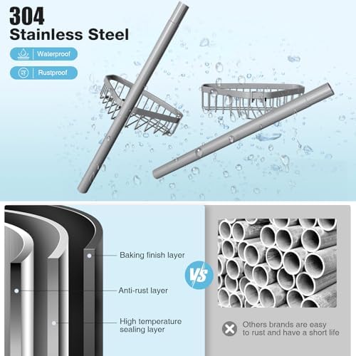 Corner Shower Caddy Tension Pole: Stainless Steel Rustproof 4-Tier Shower Organizer - 47-121 inch Adjustable Bathroom Shelves for Bathtub Shampoo Storage - Tension Rod Floor Standing Bath Rack