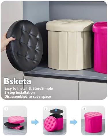 Bsketa Round Storage Ottoman, 14" Folding Leather Foot Stool Rest,Rose Red | Round Leather Poufs with Thicker Foam Padded Seat, Living Room, Bedroom, Dorm, Entryway, Easy to install,14 x 14 x 13in
