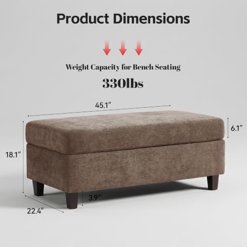 GENTEACO 45" Ottoman Coffee Table with Storage, Reversible Wooden Tray Top, Large Chenille Upholstered Ottoman, Hidden Storage Foot Rest Bench for Living Room, Bedroom, Entryway,Brown