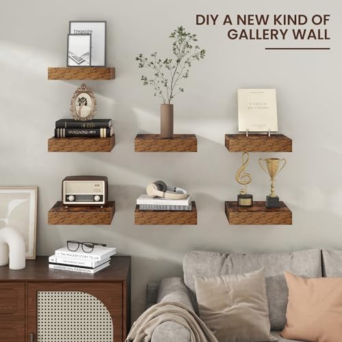 12 Inch Floating Shelves for Wall, Square Storage Shelves, Brown Finish
