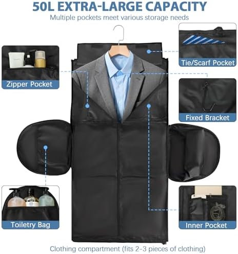 Garment Bags for Travel,50L Carry on Convertible Garment Duffle bag with Shoulder Strap,3 in 1 Hanging Suit Travel Bag with Shoulder Strap