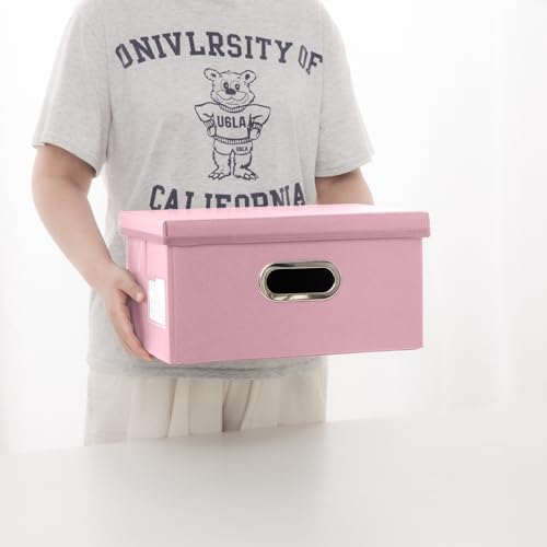 PRANDOM Collapsible Storage Box with Lid [3-Pack] Leather Fabric Foldable Storage Bin Organizer Container Basket Cube with Cover for Home Bedroom Closet Office Nursery Pink(13.6x9.6x6.9)