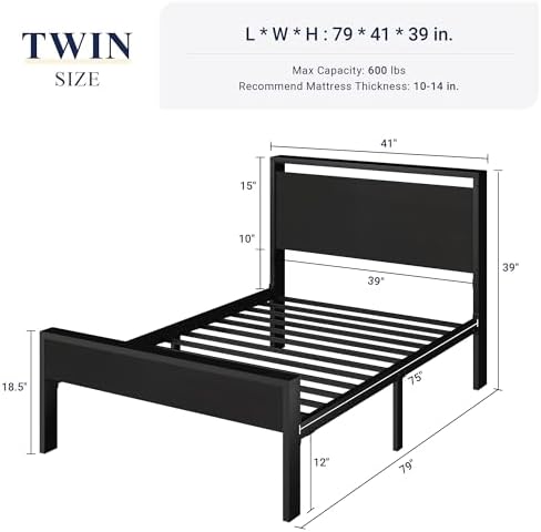 Allewie Twin Size Bed Frame, Heavy Duty 12 Metal Slats Support, Black Oak