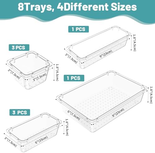 WOWBOX 8 PCS Clear Plastic Drawer Organizer Set, 4 Sizes Desk Drawer Organization and Storage Containers for Makeup, Cosmetics, Jewelry and Gadgets in Kitchen, Bathroom, Bedroom, Office, Clear