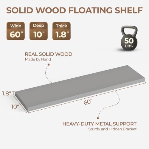 60 Inch Long Floating Shelves for Wall Set of 2, Solid Wood Gray Floating Shelves 10in Depth, 5ft Large Wall Shelf Floating Bookshelf for Office Living Room Bedroom