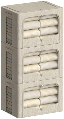 FHSQX 3 Pack Clothes Storage Bins, Beige, 16.5x12.2x12.2inch(40L)
