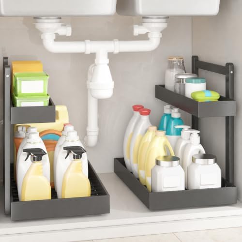 Bamboo Under Sink Organizer 2 Pack, 2-Tier Pull Out Cabinet Organizer