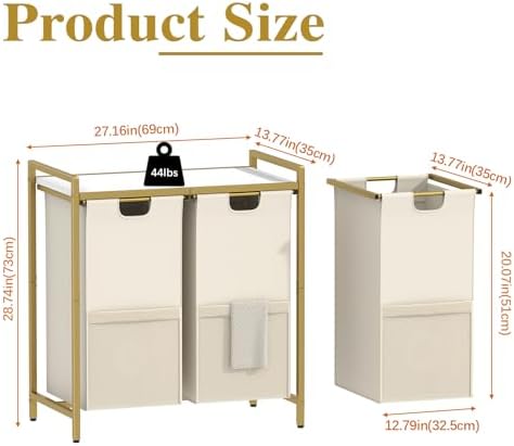 Huhote Laundry Hamper, double Laundry Basket, Laundry Sorter with Top Shelf & 2 Removable Washable Bags & Side Pockets for Laundry Room organization, Bathroom and Dorm, Gold and White