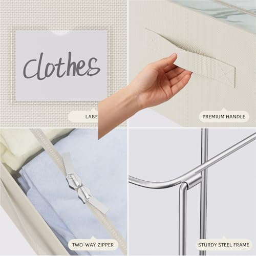 CYhom Under Bed Storage Bins Frame Storage Box Oxford Fabric Sturdy Underbed Container Foldable Stackable Large Capacity Clothes Organizer (Beige, 23.6" x 19.7" x 6.3")