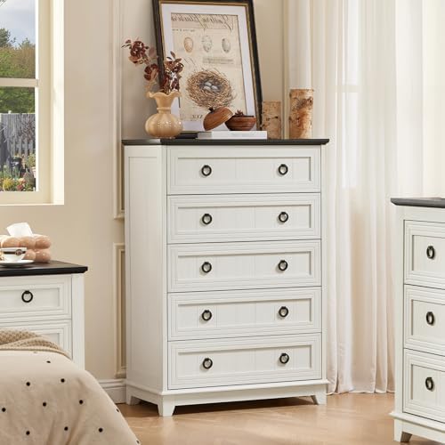 Joaxswe Farmhouse 5 Drawer Dresser for Bedroom, 42" Tall Chest of Drawers | Rustic Wood Dresser with Metal Handle, Storage Organizer Closet for Living Room, Hallway, Entryway, White