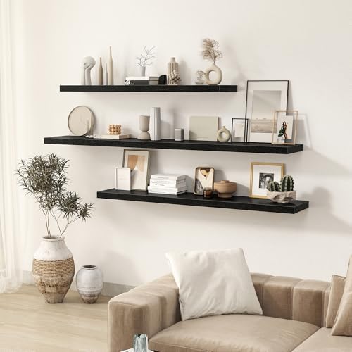 Black Floating Shelves Wall Shelf 48 Inch, 9.3 Inch Deep Floating Shelf for Wall, Farmhouse Black Wood Shelves Invisible Bracket for Living Room, Bedroom, Kitchen, 48 x 9.3 x 1.4 Inch, Set of 2