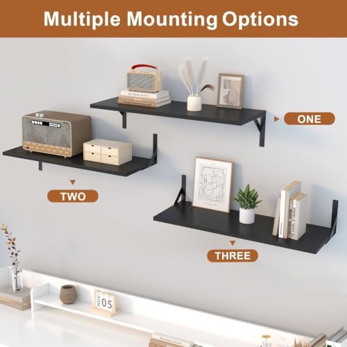 Long Wall Shelves, 48" W x 12" D Large Floating Shelves Set of 2, Wide Display Wood Shelf Wall Mounted with Heavy-Duty Metal Brackets for Bedroom Books, Living Room, Kitchen, Black