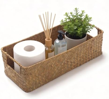 Seagrass Toilet Paper Basket for Back of Toilet Tank Top, Wicker Bathroom Storage Basket for Organizing and Decor, Natural