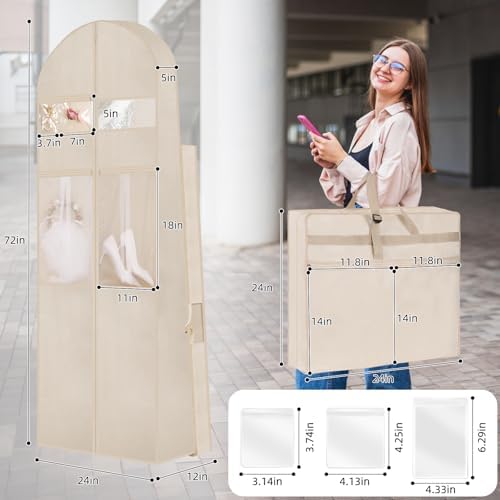 Wedding Dress Garment Bag,72" Tri-Fold Bridal Gown Bag with 6 Pouches and Adjustable Buckle Gown Cover for Wedding/Prom/Travel/Closet Storage (Beige)