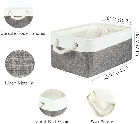 Storage Bins with Sturdy Cotton Handles(1 Pack), Fabric Storage Baskets for Organizing use for Office & Home, Book, Clothes, Toys, Closet Boxes (Medium, Grey-White, 14.2x10.2x7.1 inches)