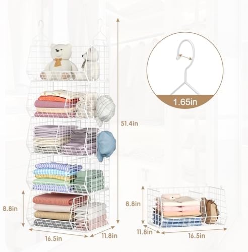 5 Tier Extra Large Closet Hanging Shelves with Divider,2 Pair Hook,16.5"L x 11.8"W x 51.4"H Closets Organizers and Storage,Clothes Organizer Clothing Sweaters Shoes Handbags Clutches Accessories-White
