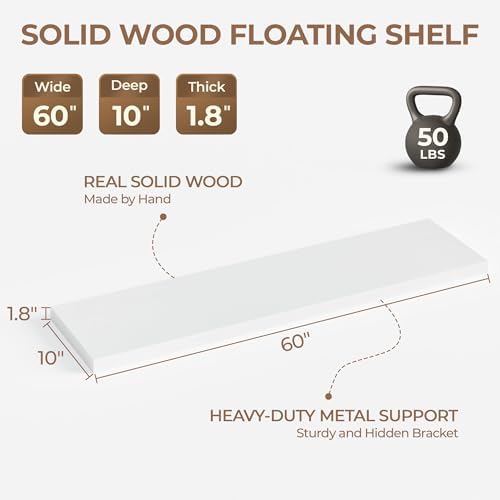 60 Inch Long Floating Shelves for Wall Set of 2, Solid Wood White Floating Shelves 10in Depth, 5ft Large Wall Shelf Floating Bookshelf for Kitchen Bathroom Living Room
