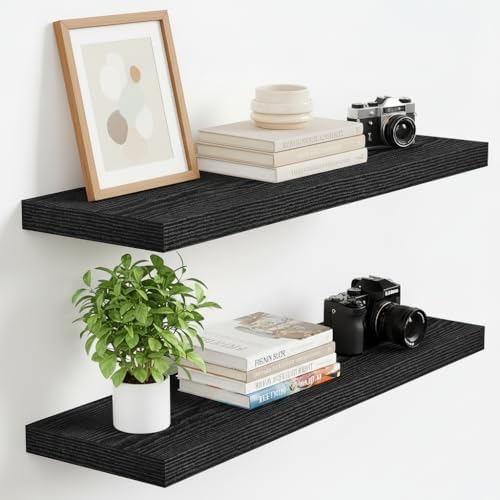 Vivelove Floating Shelves 9 inch Deep 24”Long Set of 2, Black | Easy Install With Hardware, 1.5" Thick, Invisible Brackets, Wall Mounted, No Sagging, For Any Room