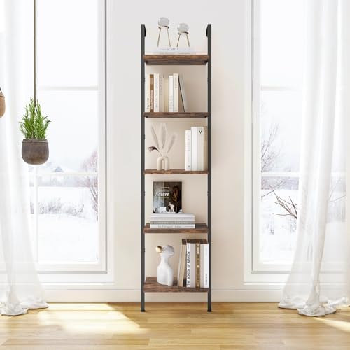 ELYKEN Ladder Shelf, 5-Tier Wood Wall Mounted Ladder Bookshelf | Leaning Storage Shelves with Metal Frame, Vintage Open Display Organizer Rack for Living Room, Bedroom, Home, Rustic Brown
