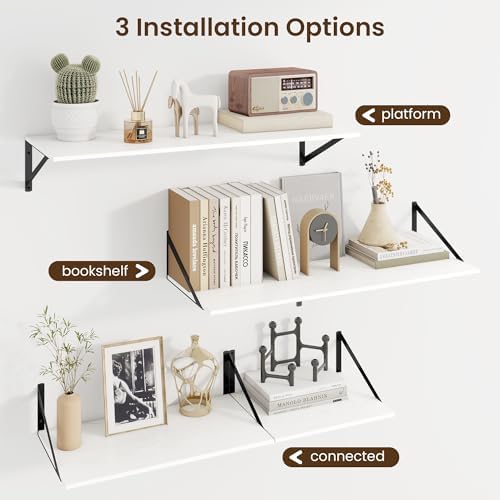 Fun Memories Floating Shelves for Wall, 12 Inch Deep Floating Shelves Set of 2, 24W x 12D Large Wall Shelf with Sturdy Metal Brackets for Living Room, Bathroom, Bedroom and Kitchen, White