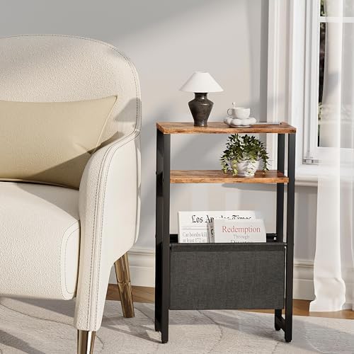 Narrow Side Table, Slim End Table with Magazine Rack, Skinny Bedside Table for Small Spaces, 3 Tier Sofa Couch Table Nightstand for Living Room, Bedroom, Rustic Brown LET503R