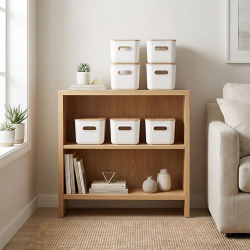 Citylife 7 QT Storage Bins with Bamboo Lids, Stackable with Handles, 2-Pack | Small White Organizer Boxes for toys, desk supplies, snacks, shelves, White PP5 Plastic, GRS Certified
