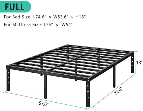 HLIPHA Metal Platform Bed Frame 18 Inch Tall,No Box Spring Needed,Full Size Bed with Heavy Duty Strong Support Slats,Easy to Assemble,Black