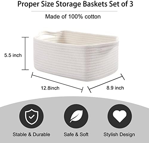 OIAHOMY 3 Pack Storage Baskets for Shelves Cotton Rope Storage Bins White