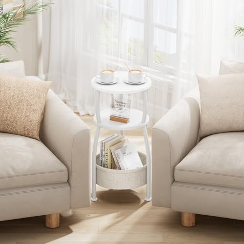 Small Round Side Table for Living Room with Storage Basket, 11.81in | End Table for Small Spaces , 3-Tier Nightstand Couch Corner Stand for Bedroom, Garden Family Room 24in Tall Matte White