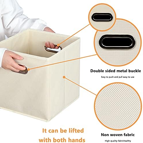 Yunkeeeper storage bins Cubes, Fabric Cube Organizer with Handle, Foldable Cube Bins for Cloth or Accessary Storage, 11x11x11, Set of 6, (Creamy White)