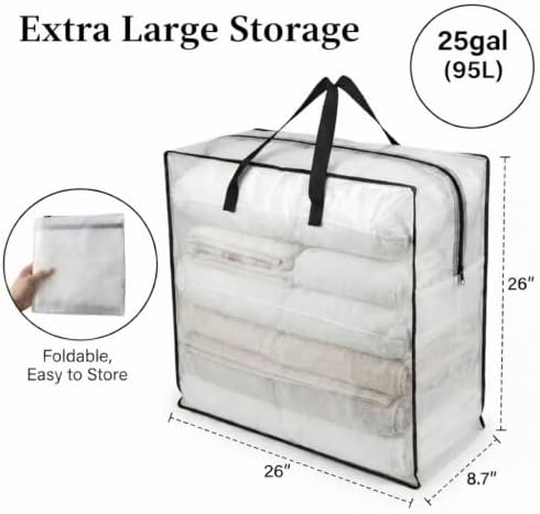 95L Underbed Storage Bag, Clear Blanket and Comforter Organizer with Handles, 1 Pack