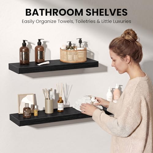 Floating Shelves for Wall, 66 Inch Floating Shelves Set of 2, Wall Mounted Rustic Wood Shelf for Bathroom, Living Room, Bedroom and Kitchen, Hanging Shelf for Storage, Books, Home Decor, Black