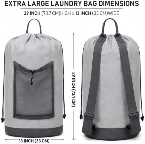 Backpack Laundry Bag, Durable polyster Laundry Backpack Bag with Shoulder Straps, Drawstring Closure & Mesh Pocket, Large Clothes Hamper for Dorm, Travel, Laundromat (Gray)