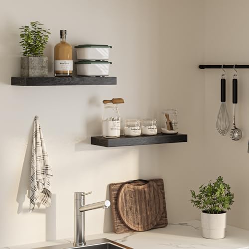 FLYJOE Floating Shelves for Wall, 24" W x 6.7" D x 1.5" H, Wooden Wall Mounted Display Shelves with Invisible Brackets for Living Room, Bedroom, Bathroom, Kitchen Decor and Storage, Set of 2, Black
