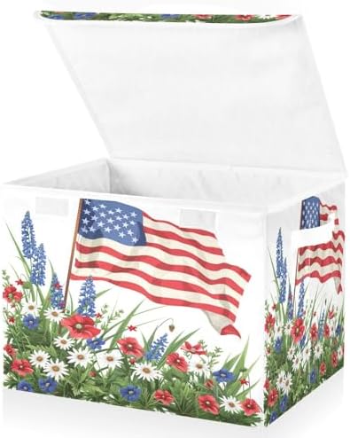 senya July Fourth Baskets Collapsible Storage Bins with Lids, Wildflowers American Flag Storage Boxes Clothes Baskets for Organizing