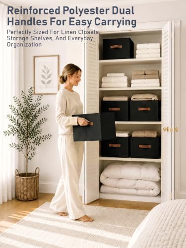 8 Pack Large Closet Storage Baskets Bins for Shelves, Collapsible Fabric Closet Organizers and Storage with Polyester Handles, Decorative Baskets for Organizing Clothes, Towels, Linen Closet 16x12x10"