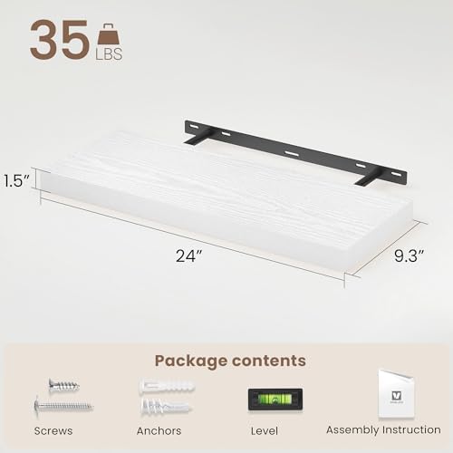 Vivelove Floating Shelves 9 inch Deep 24”Long Set of 2, White | Easy Install With Hardware, 1.5" Thick, Invisible Brackets, Wall Mounted, No Sagging, For Any Room
