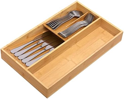 guiogc Bamboo silverware tray organizer, Utensil Holder and Cutlery Tray for Drawer, Kitchen Drawer Organizer Divider for Spoons Forks Knives