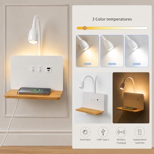 White Bedside Wall Sconce with Wireless Charging Station, USB-C & USB-A Ports, Plug in Wall Light with Shelf, Gooseneck 3Color LED Reading light & 3000K Backlight Plug-in or Hardwired for Bedroom,Dorm