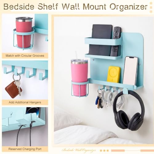 Novabright Bedside Wall Organizer Metal Shelf for Dorm Bedroom,Teal Color