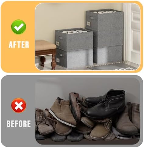 FHSQX 4 Pack Shoe Organizer for Closet,Foldable Shoe Organizer,Fits up to 48 Pairs,Storage Containers With Bottom Support for Shoes (Dark Grey, (16.5 * 12.6 * 9.5) x4)