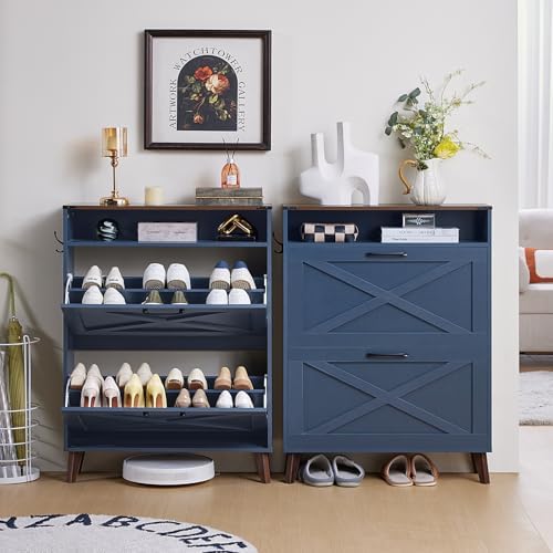 Joaxswe Narrow Shoe Cabinet with 2 Flip Drawers for Entryway,Dark Blue